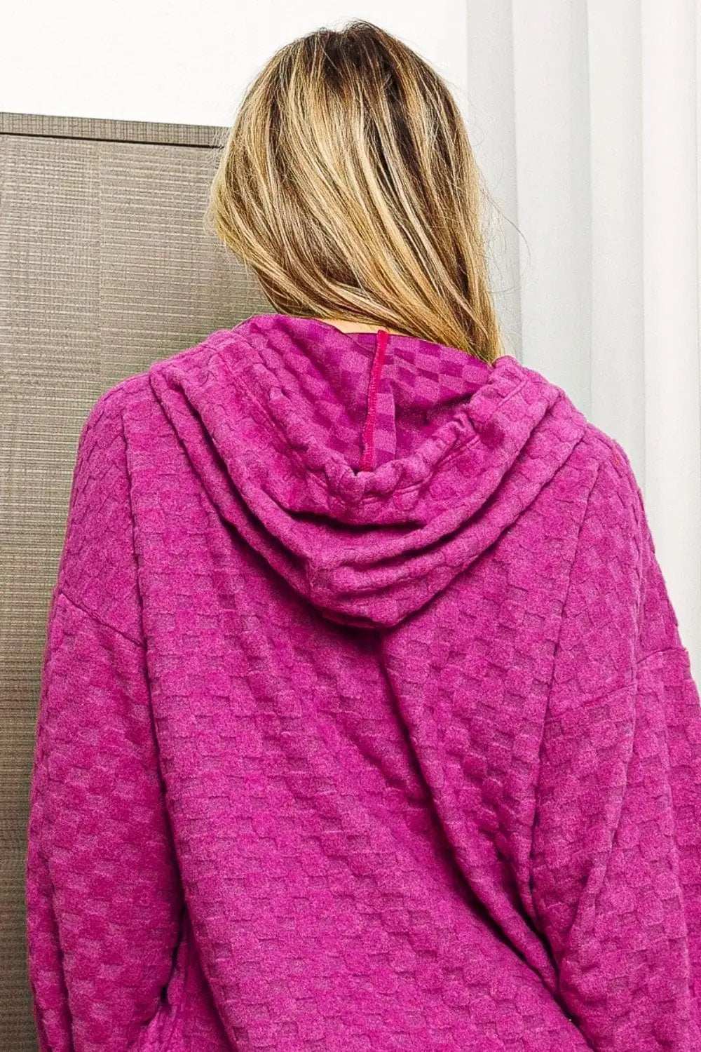 BiBi Brushed Checker Drawstring Long Sleeve Hoodie - Trendsi - Flyclothing LLC