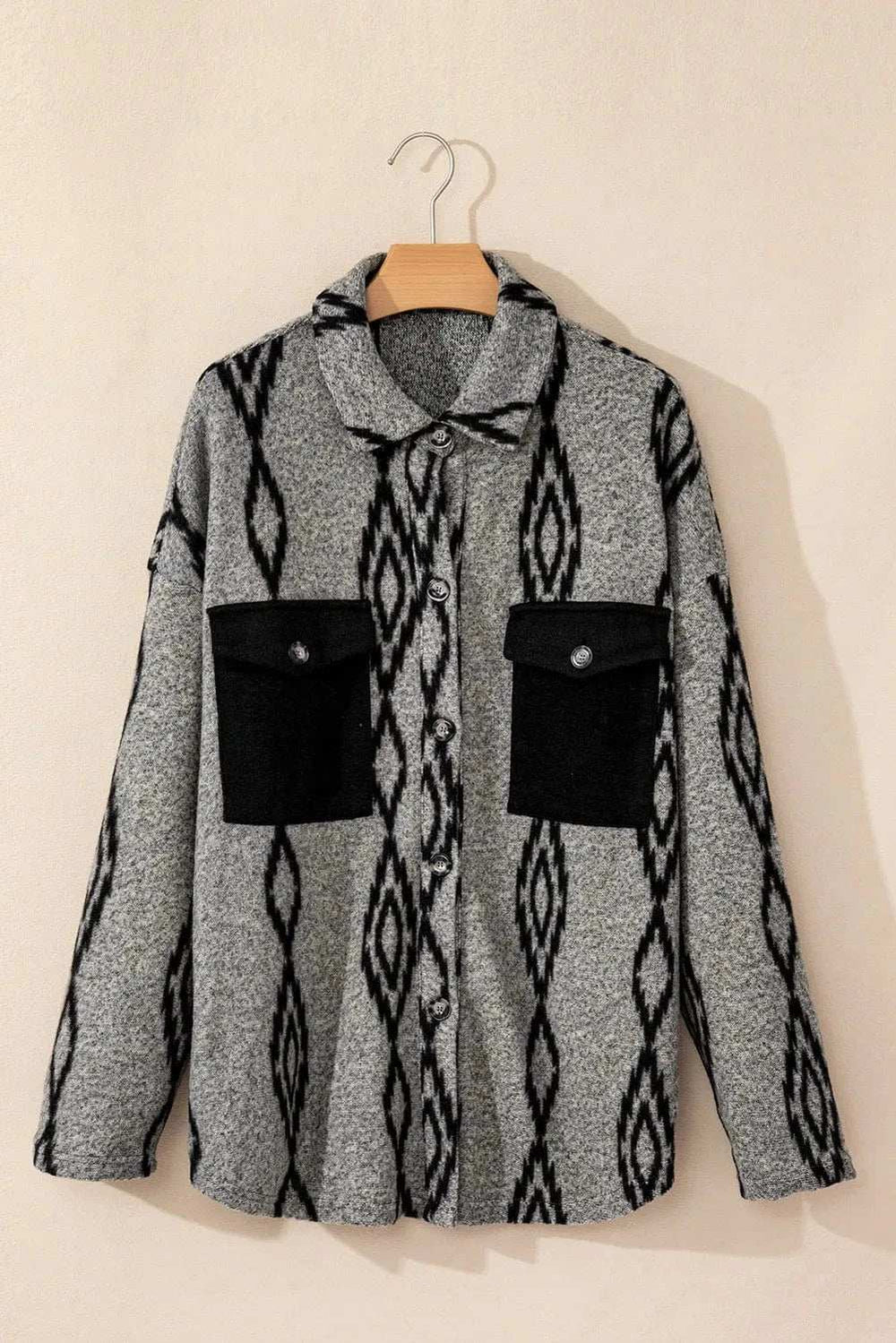 Pocketed Geometric Collared Neck Button Down Shacket - Trendsi - Flyclothing LLC