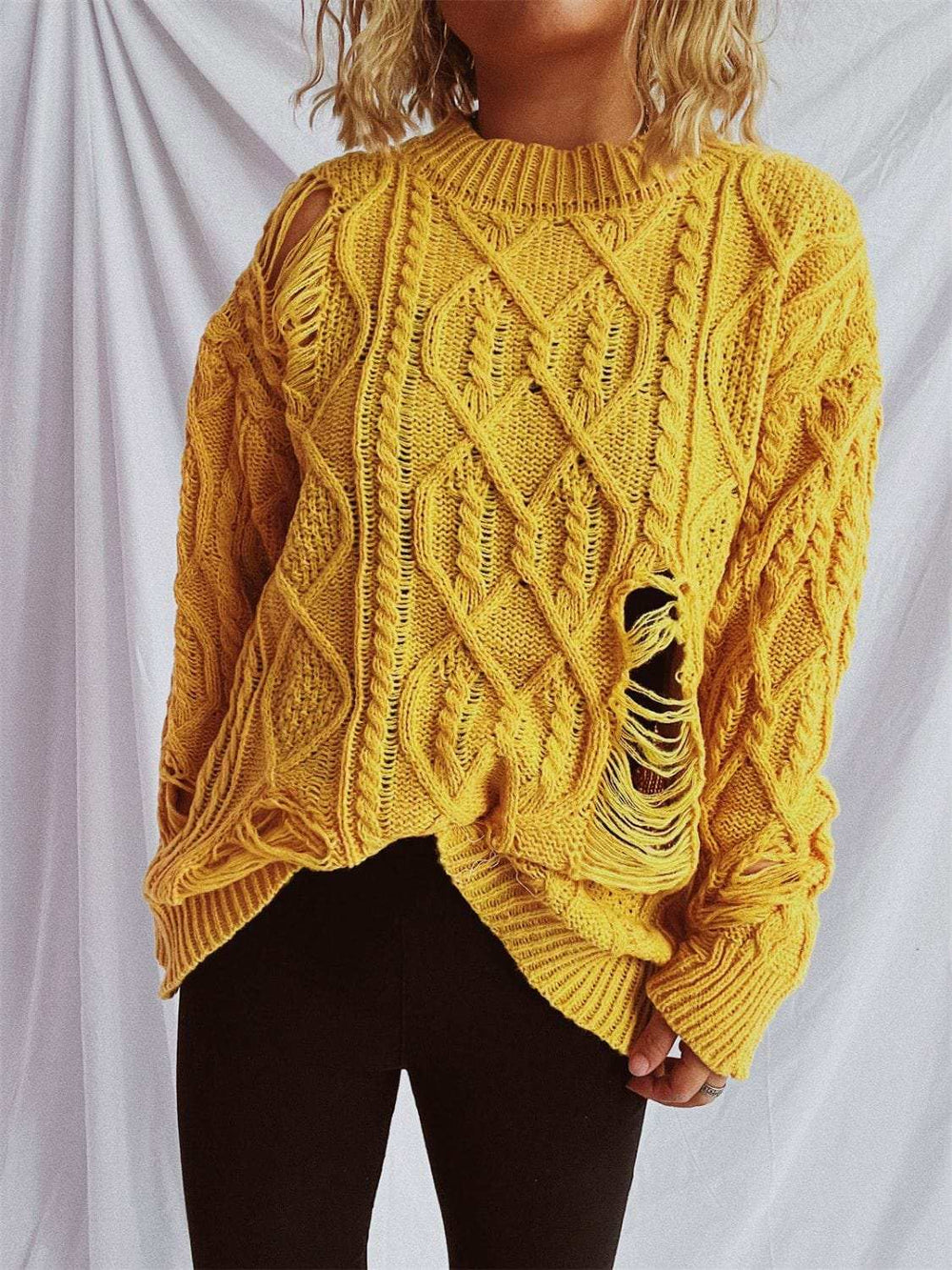 Distressed Cable-Knit Round Neck Long Sleeve Sweater - Trendsi - Flyclothing LLC