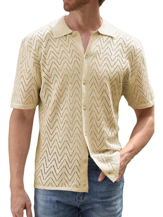 Men's Full Size Openwork Button Down Short Sleeve Shirt Plus Size - Trendsi - Flyclothing LLC