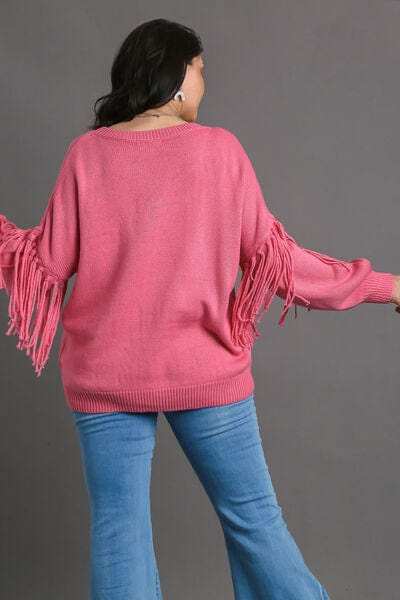 Umgee Full Size Fringe Round Neck Long Sleeve Sweater Plus Size - Trendsi - Flyclothing LLC
