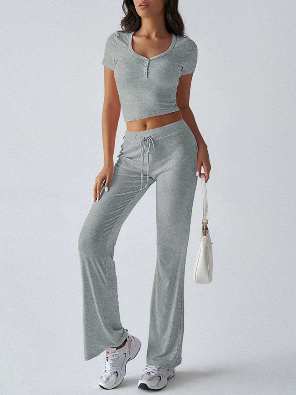 Devine Short Sleeve Top and Drawstring Pants Set - Trendsi - Flyclothing LLC