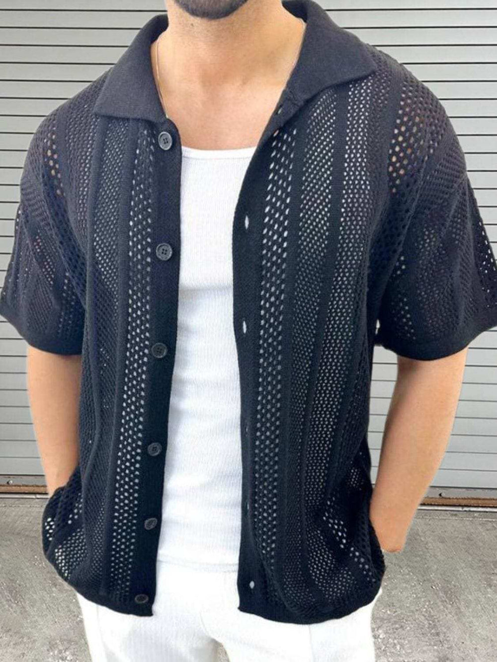 Men's Button Down Collared Neck Hollow Out Shirt - Trendsi - Flyclothing LLC