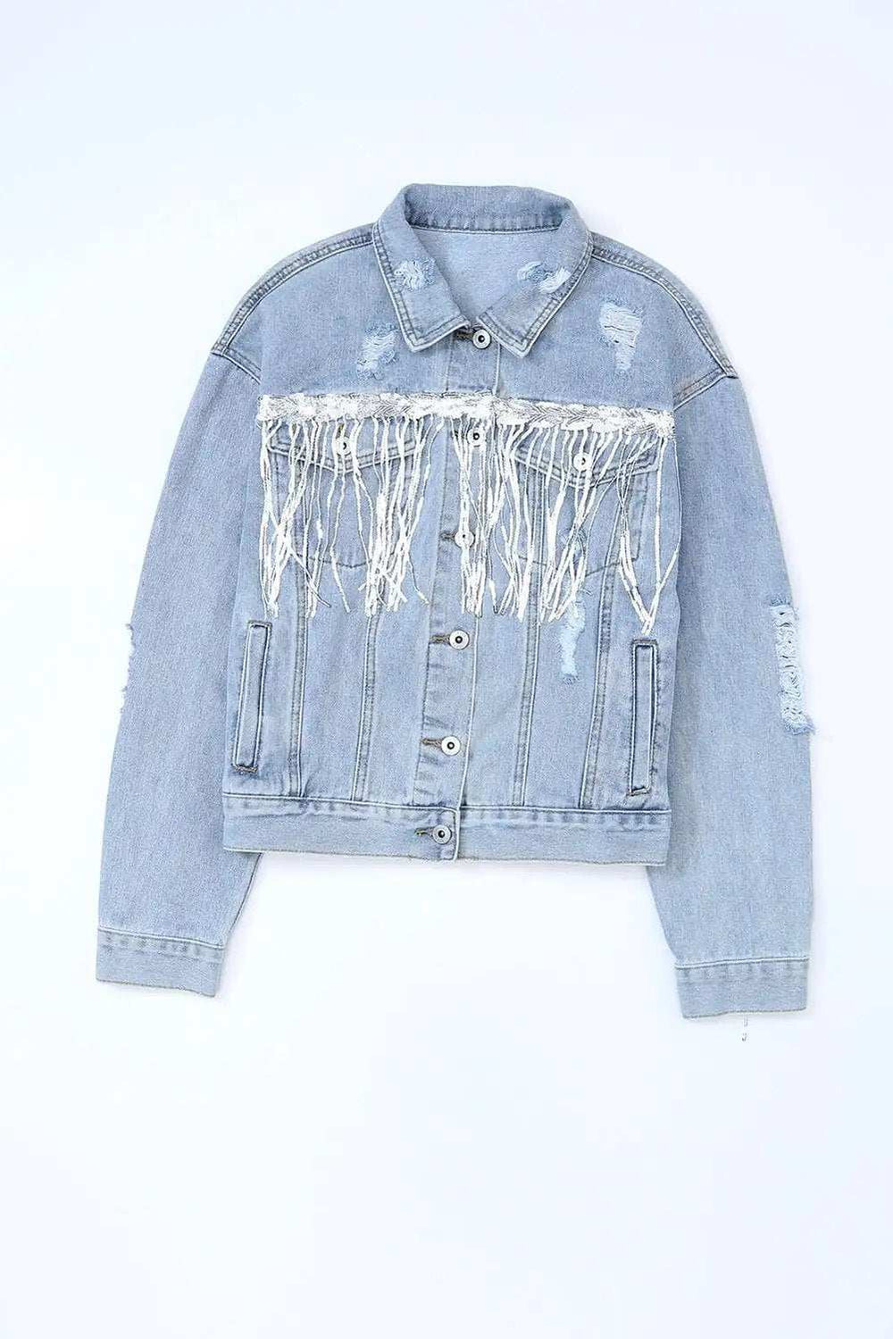 Sequin Fringe Trim Distressed Button Up Denim Jacket - Trendsi - Flyclothing LLC