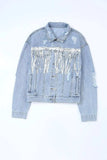 Sequin Fringe Trim Distressed Button Up Denim Jacket - Trendsi - Flyclothing LLC