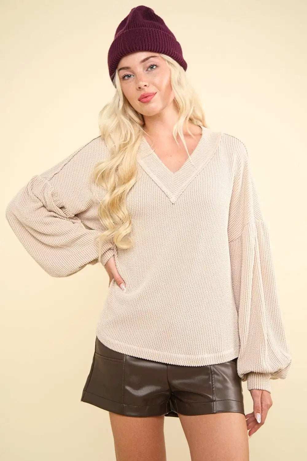VERY J Two Tone Ribbed V-Neck Exposed Seam Top - Trendsi - Flyclothing LLC