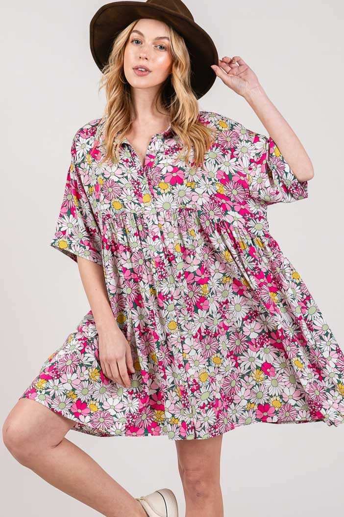 SAGE + FIG Floral Button Down Mini Shirt Dress - Trendsi - Flyclothing LLC