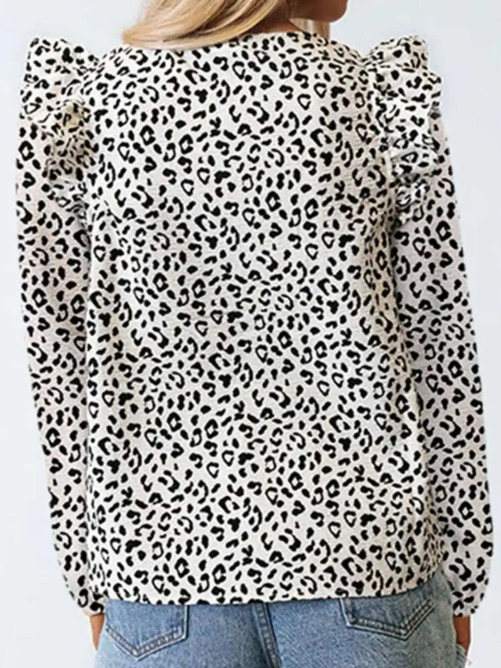 Ruffled Leopard Notched Long Sleeve Blouse - Trendsi - Flyclothing LLC