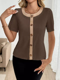 Decor Button Round Neck Short Sleeve Blouse - Trendsi - Flyclothing LLC