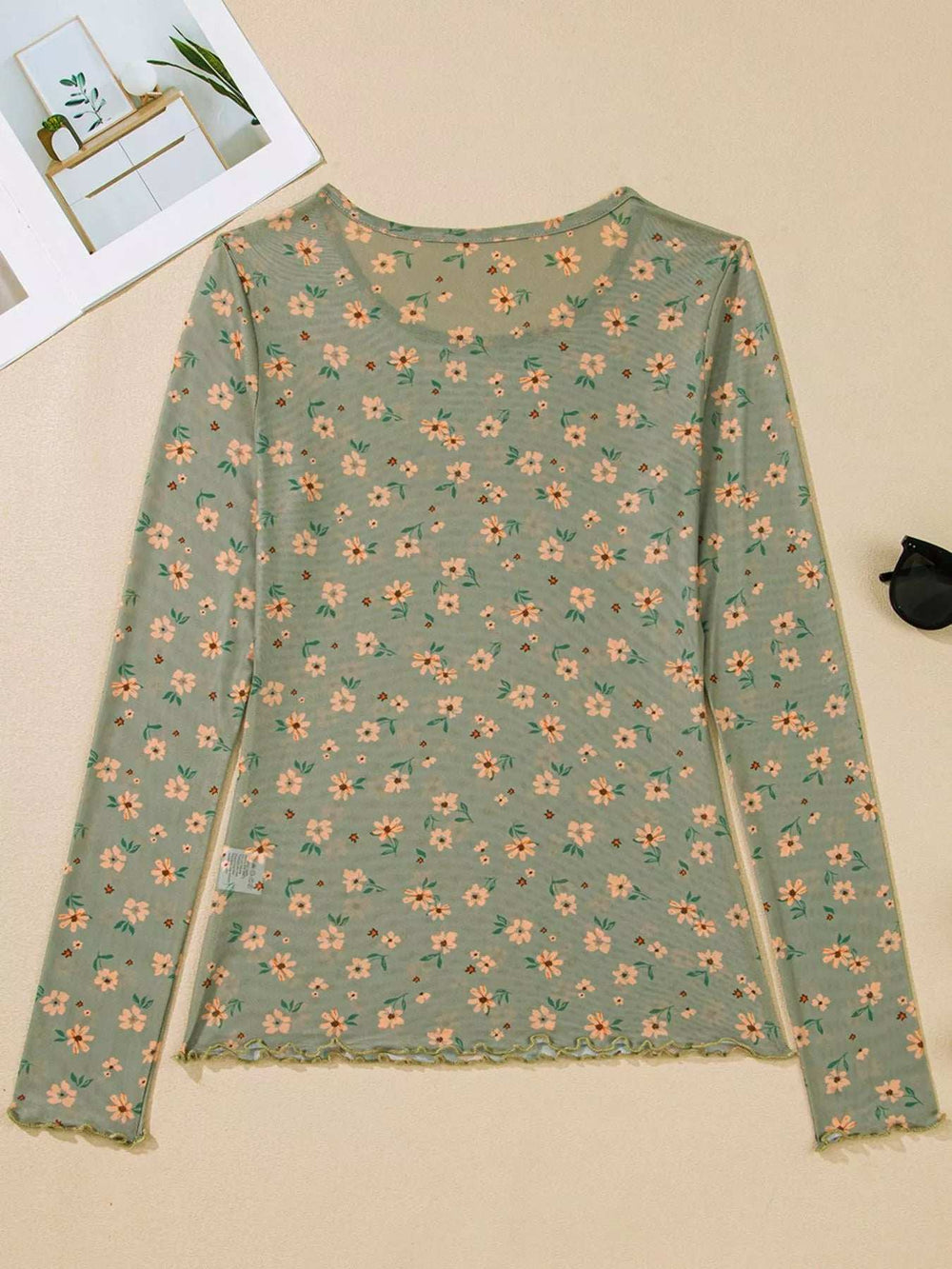 Floral Print Mesh Long Sleeve Top - Trendsi - Flyclothing LLC