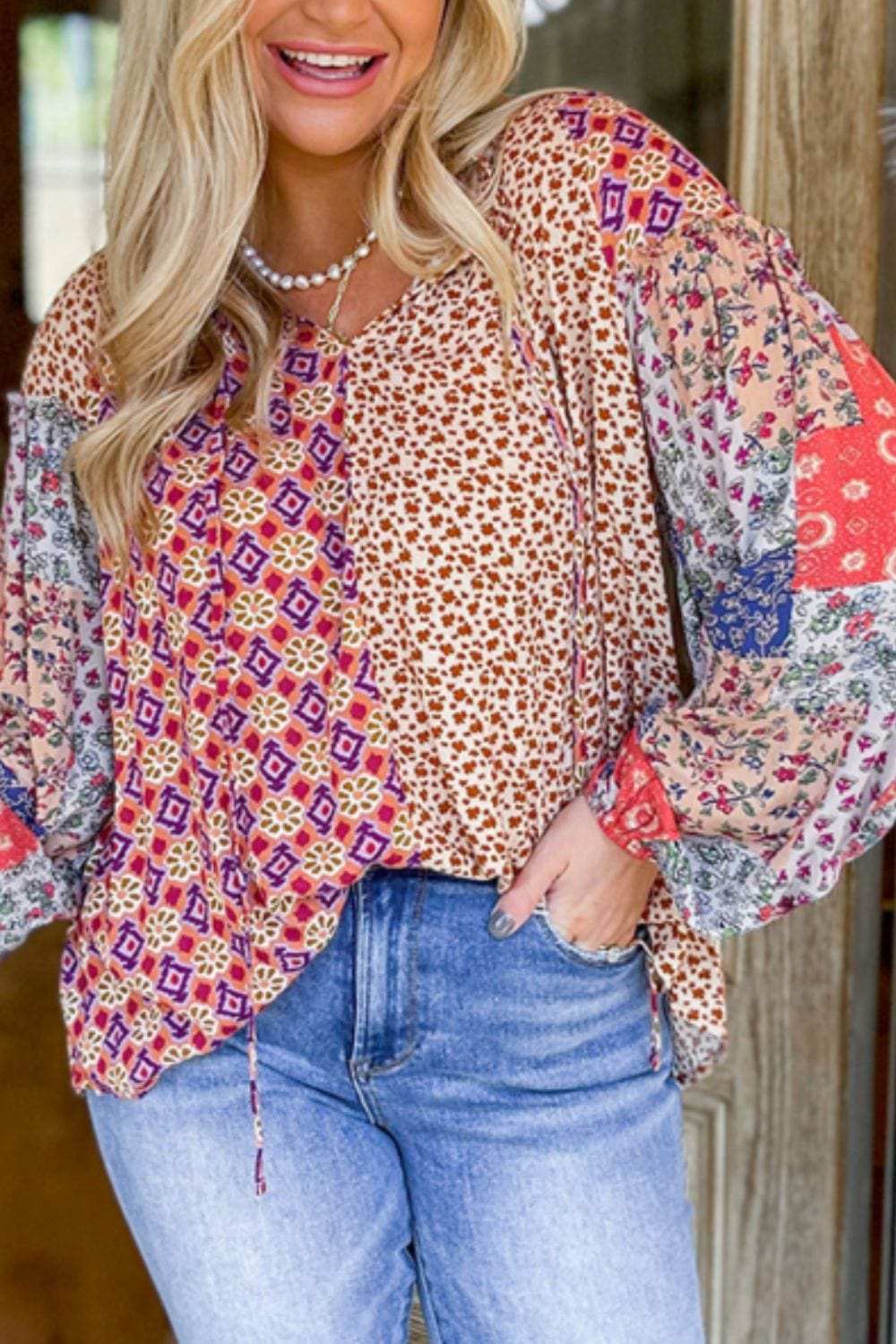 Printed Tie Neck Long Sleeve Blouse - Trendsi - Flyclothing LLC