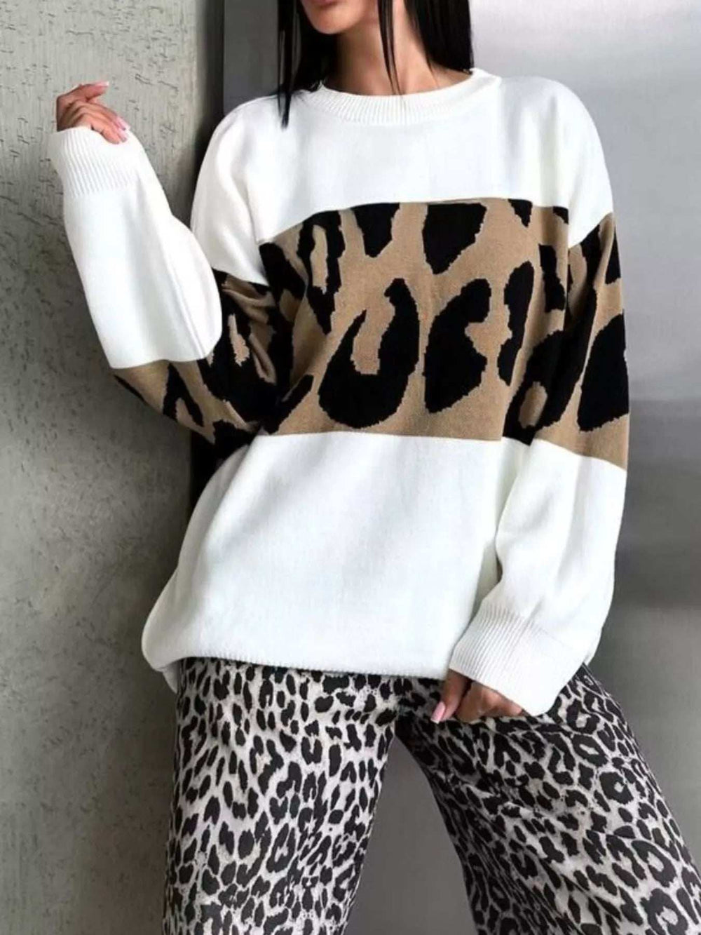 Leopard Color Block Round Neck Sweater - Trendsi - Flyclothing LLC