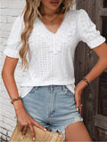 Eyelet Lace Detail V-Neck Flounce Sleeve Blouse - Trendsi - Flyclothing LLC