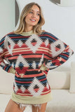 BiBi Aztec Print Mirr Mock Neck Lslv Top - Trendsi - Flyclothing LLC