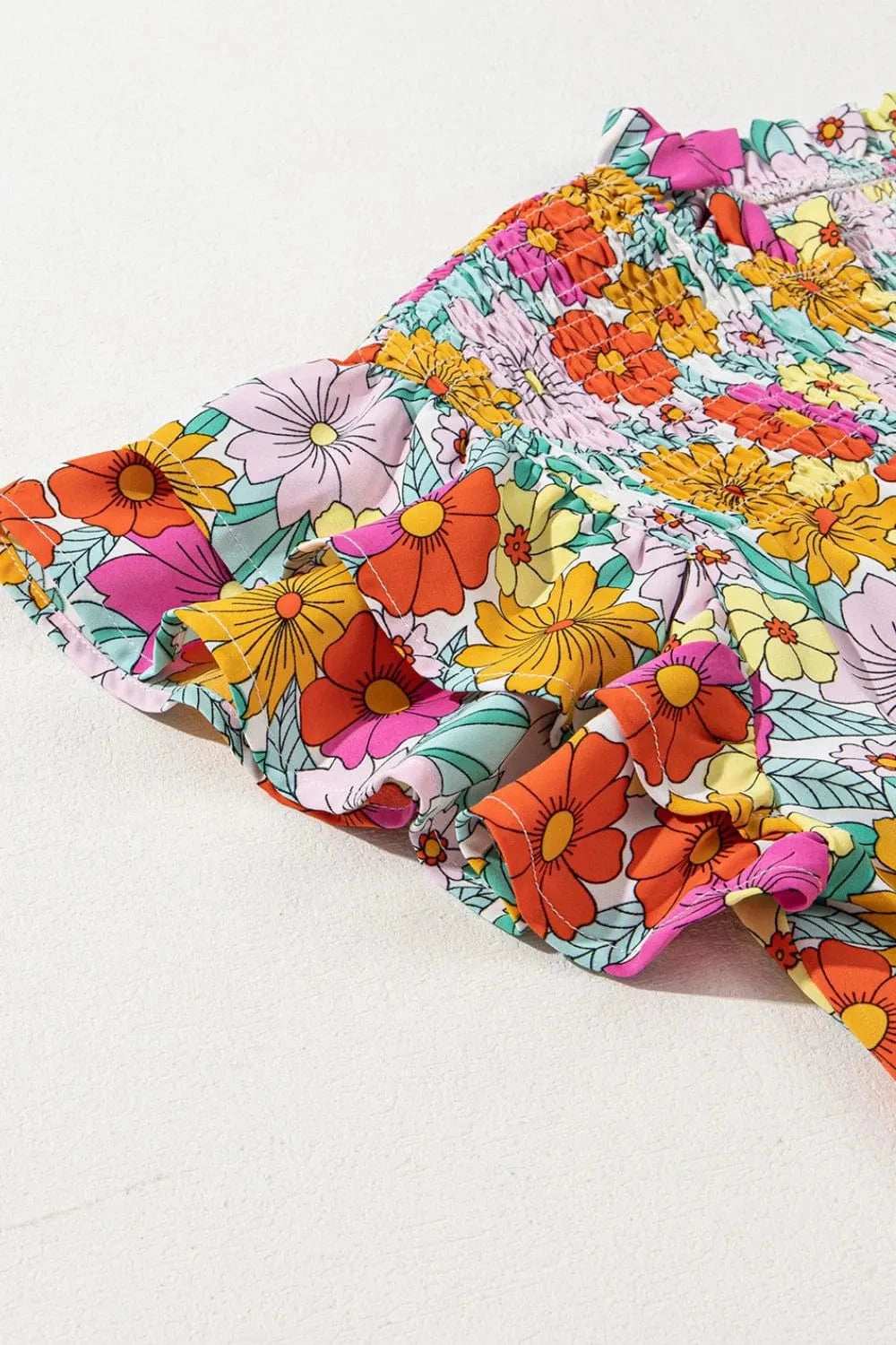 Floral Print Shirred Tiered Ruffled Sleeve Blouse - Trendsi - Flyclothing LLC