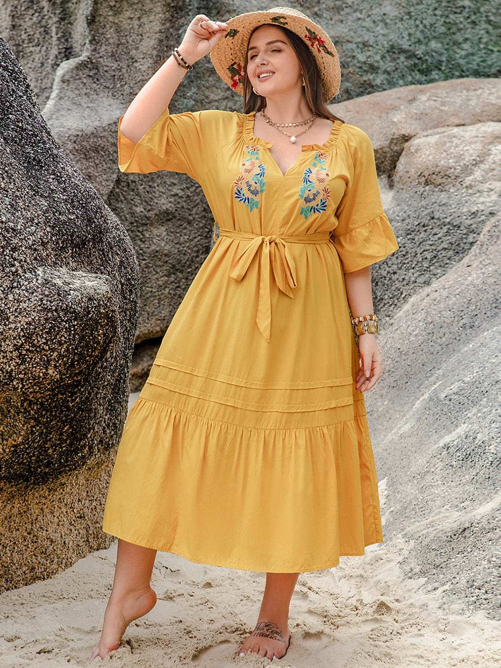 Plus Size Notched Tie Waist Half Sleeve Midi Dress - Trendsi - Flyclothing LLC