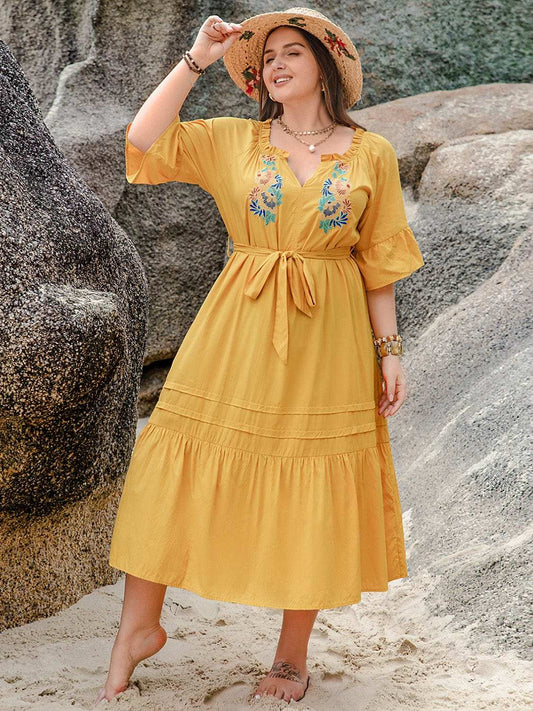 Plus Size Notched Tie Waist Half Sleeve Midi Dress - Trendsi - Flyclothing LLC
