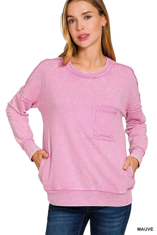 Zenana French Terry Washed Raw Edge Front Pocket Pullover - Trendsi - Flyclothing LLC