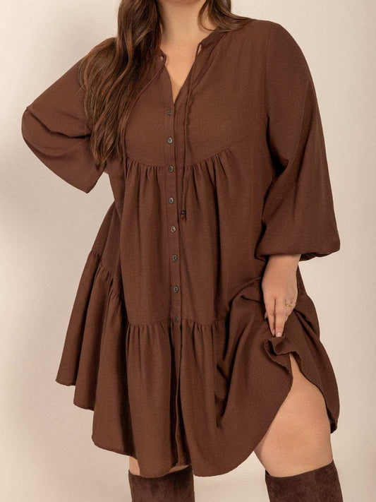 Plus Size Tie Neck Balloon Sleeve Tiered Dress - Trendsi - Flyclothing LLC