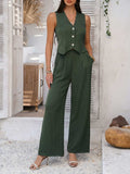 Devine Button Down Vest and Wide Leg Pants Set - Trendsi - Flyclothing LLC