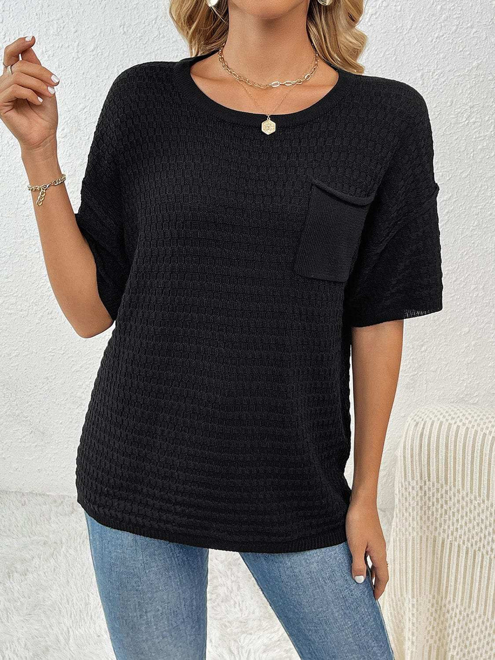 Round Neck Half Sleeve Knit Top - Trendsi - Flyclothing LLC