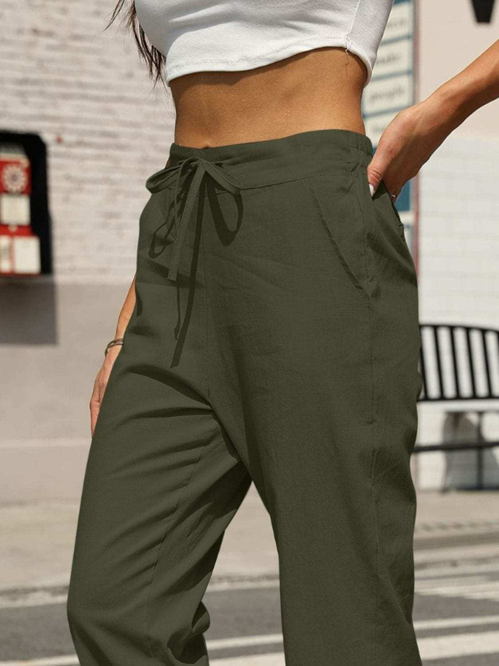 Elastic Waist Tapered Pants - Trendsi - Flyclothing LLC