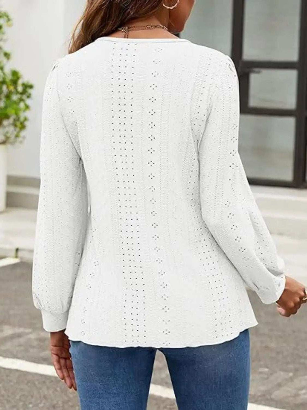 Eyelet Round Neck Long Sleeve Top - Trendsi - Flyclothing LLC