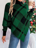 Plaid Turtleneck Batwing Sleeve Sweater - Trendsi - Flyclothing LLC