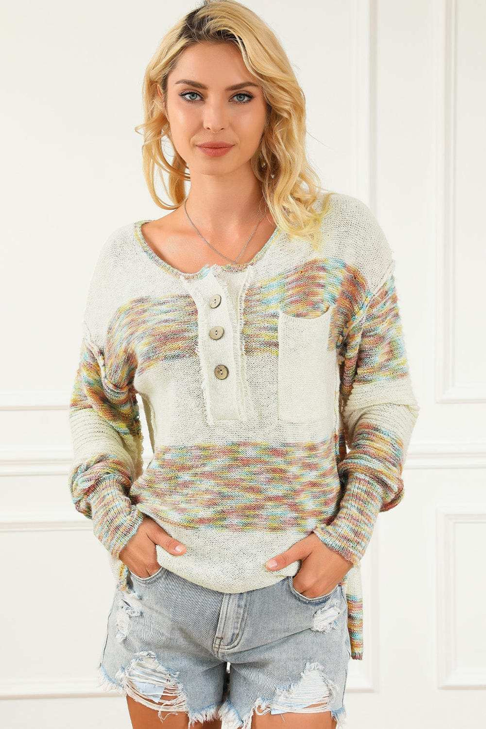 Contrast Half Button Long Sleeve Sweater - Trendsi - Flyclothing LLC
