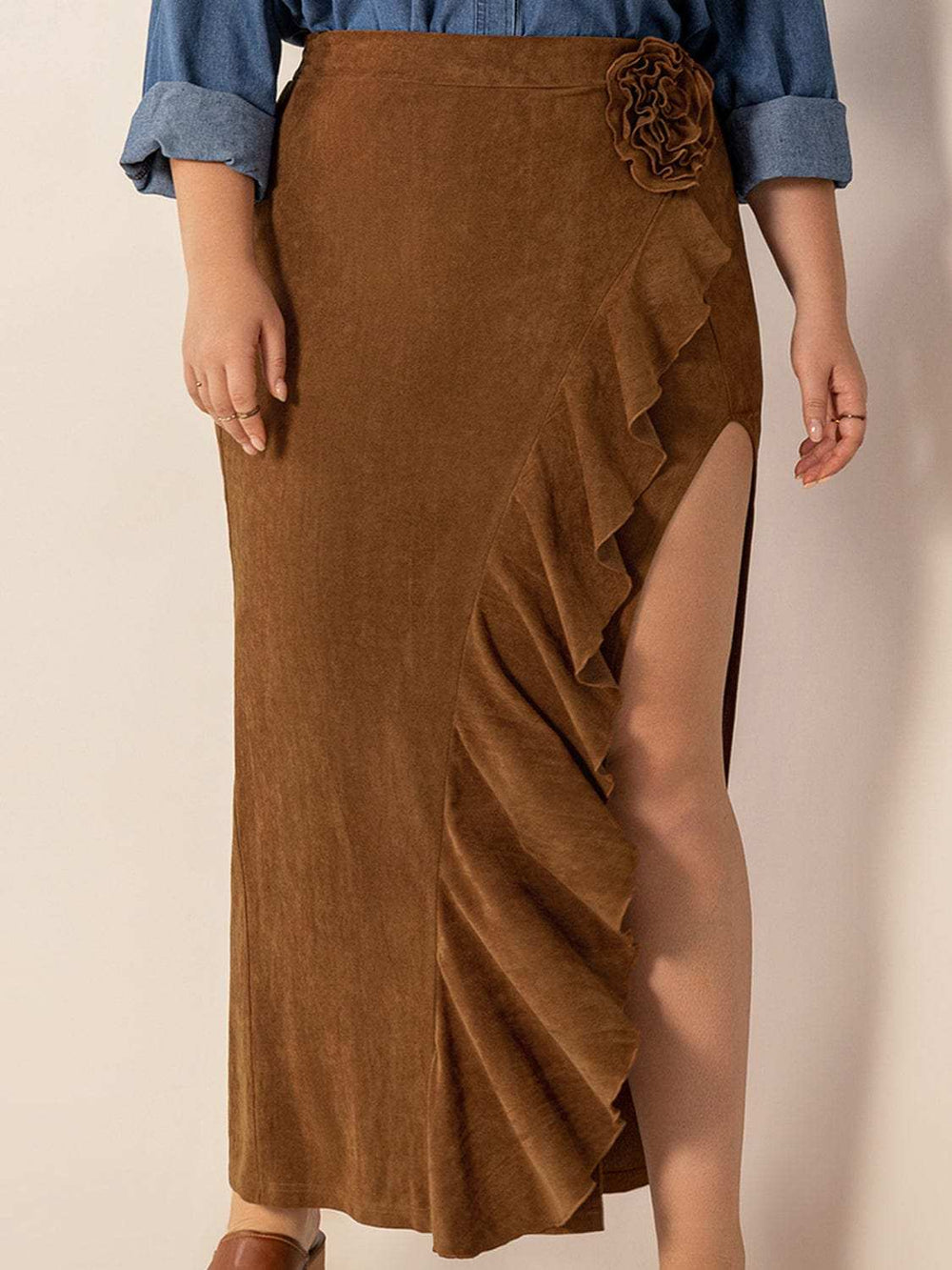 Plus Size Ruffled Slit High Rise Skirt - Trendsi - Flyclothing LLC