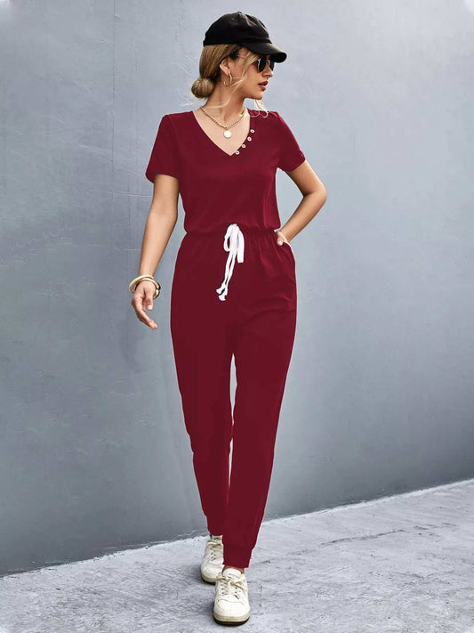 Casual V-Neck Short Sleeve Drawstring Waist Jumpsuit - Trendsi - Flyclothing LLC