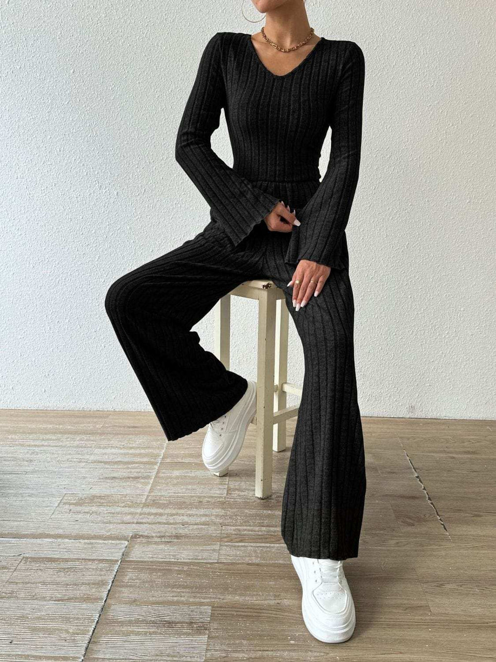 Ribbed V-Neck Long Sleeve Top and Pocketed Pants Set - Trendsi - Flyclothing LLC