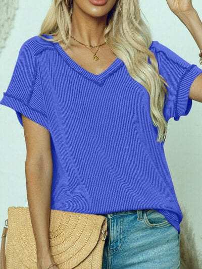Exposed Seam V-Neck Short Sleeve Top - Trendsi - Flyclothing LLC