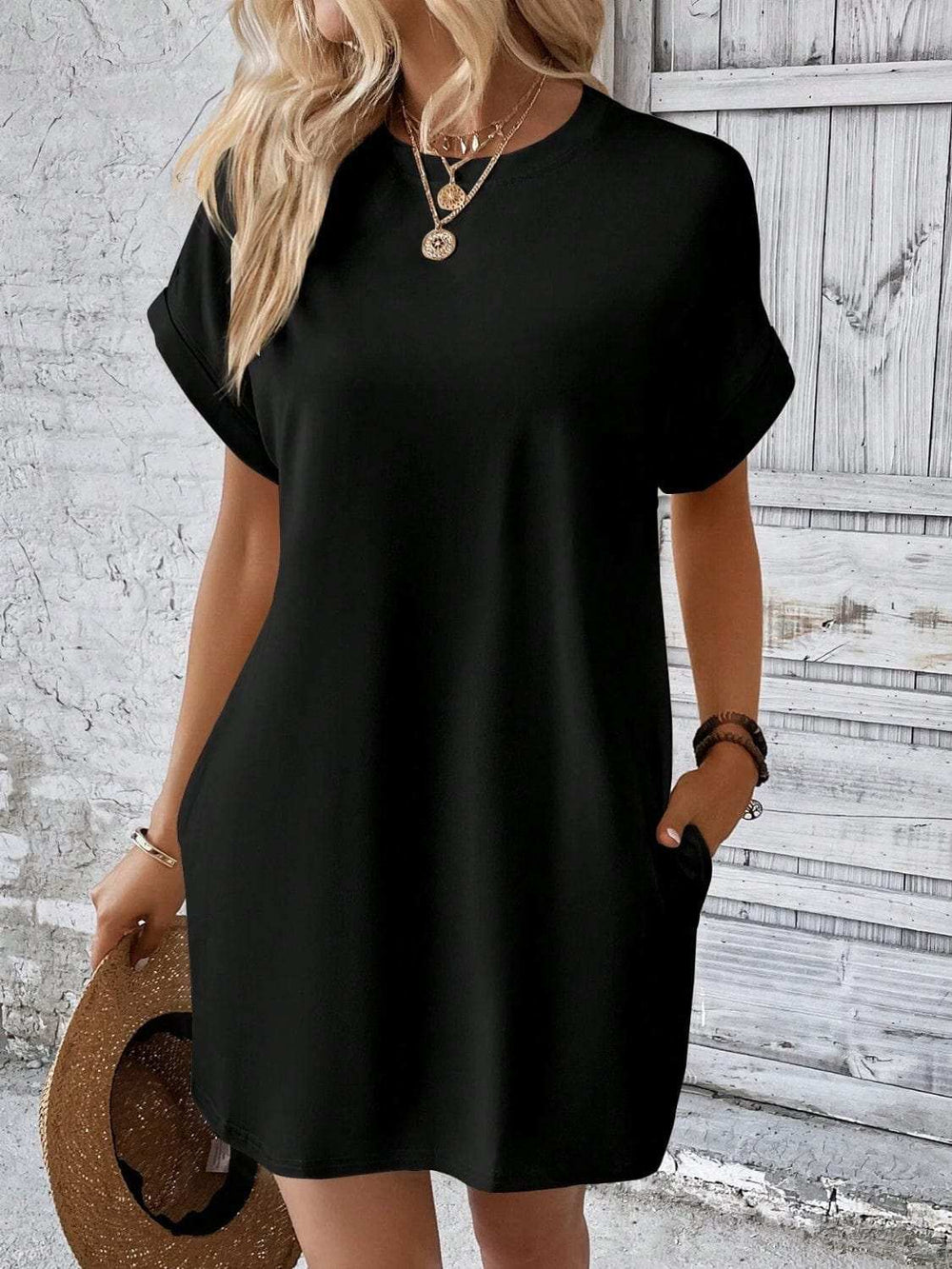 Round Neck Short Sleeve Mini Dress - Trendsi - Flyclothing LLC