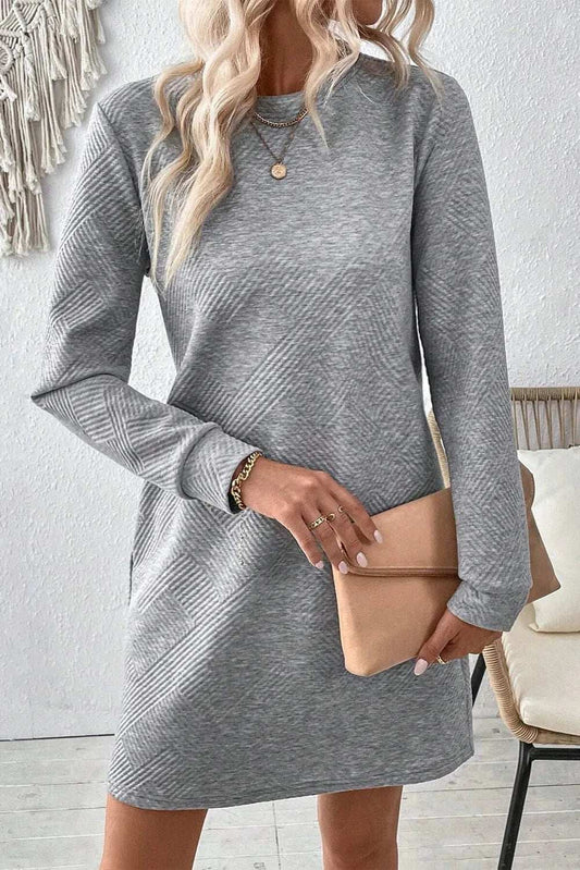 Textured Round Neck Long Sleeve Mini Dress - Trendsi - Flyclothing LLC