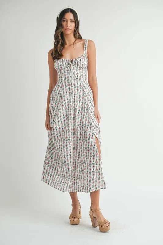 MABLE Floral Print Bustier Back Lace Up Midi Dress - Trendsi - Flyclothing LLC