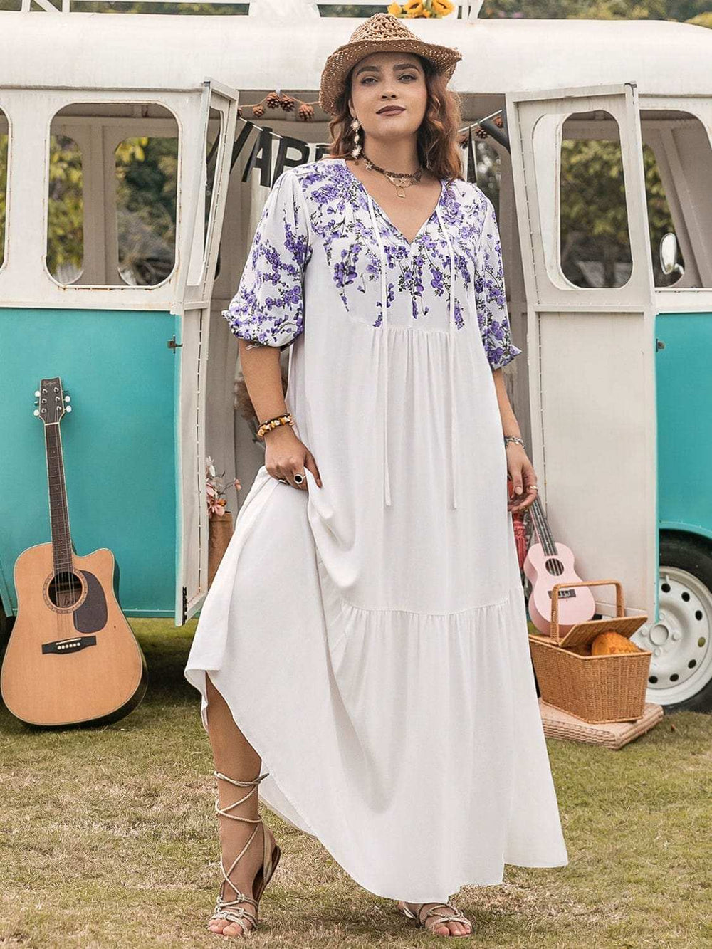 Plus Size Printed Tie Neck Half Sleeve Maxi Dress - Trendsi - Flyclothing LLC