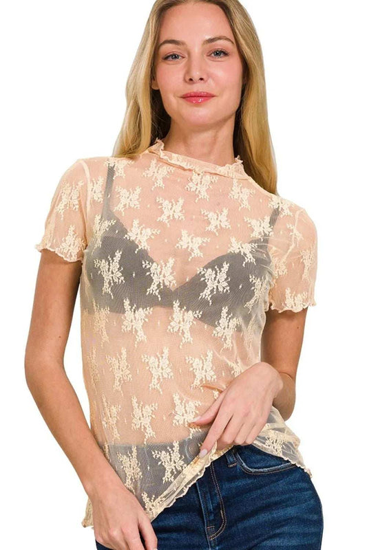 Zenana Lace See-through Layering Short Sleeve Top - Trendsi - Flyclothing LLC