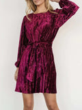 Velvet Round Neck Tie Waist Long Sleeve Mini Dress - Trendsi - Flyclothing LLC