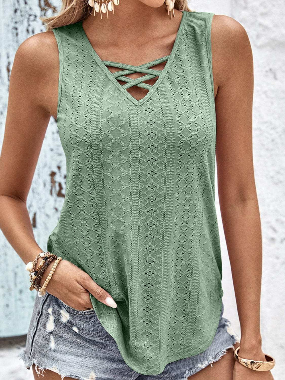 Eyelet Wide Strap Tank - Trendsi - Flyclothing LLC