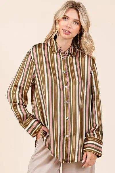 Mittoshop Striped Button Down Satin Shirt - Trendsi - Flyclothing LLC
