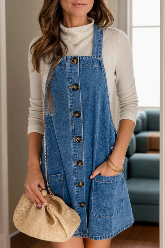 Square Neck Wide Strap Denim Overall Dress - Trendsi - Flyclothing LLC