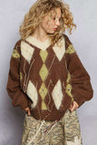 POL V-Neck Argyle Pattern Mohair Sweater with Contrast Exposed Stitch Detail - Trendsi - Flyclothing LLC