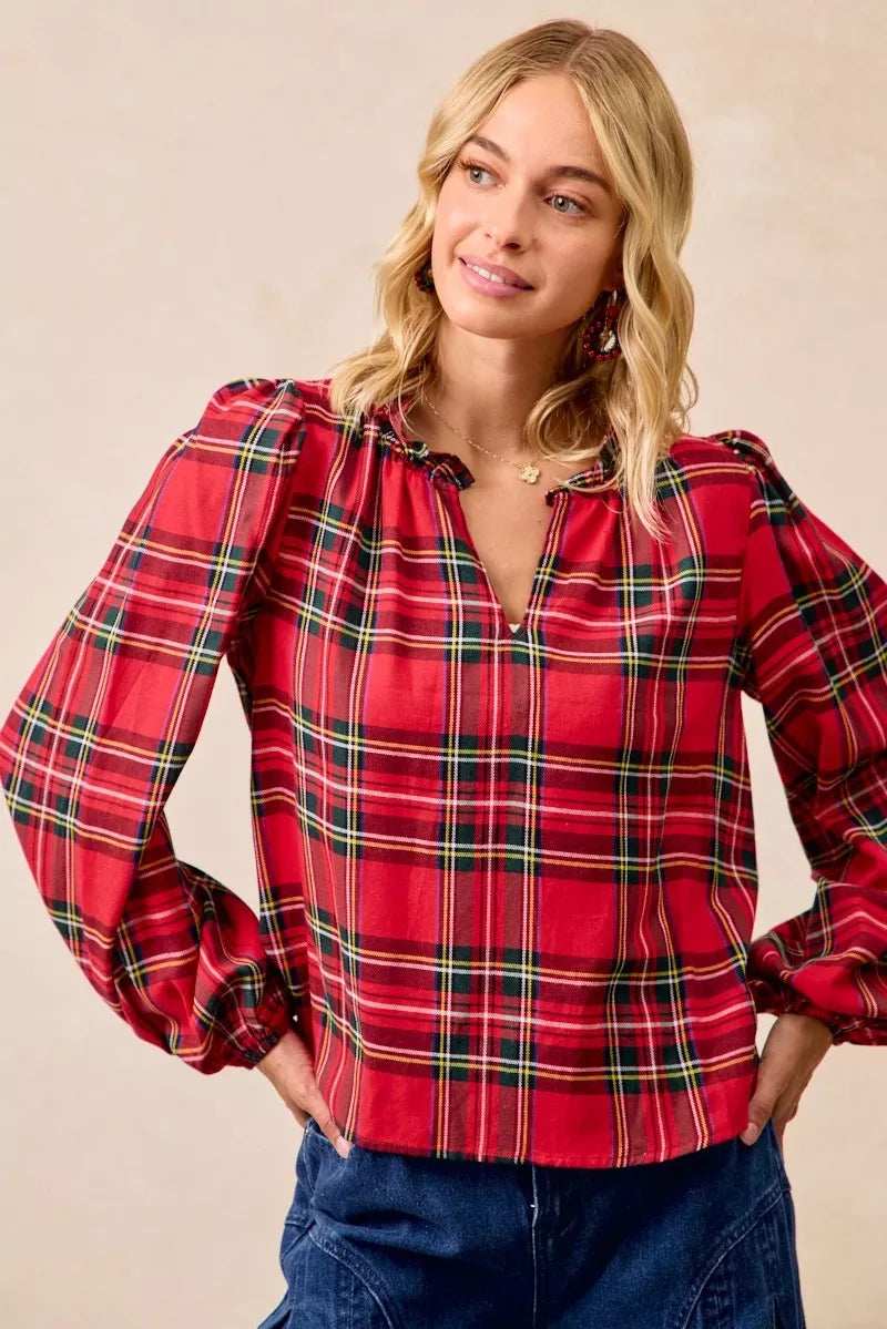 BiBi Christmas Plaid Balloon Sleeves Ruffled V-Neck Top - Trendsi - Flyclothing LLC