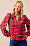 BiBi Christmas Plaid Balloon Sleeves Ruffled V-Neck Top - Trendsi - Flyclothing LLC