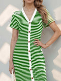 Contrast Striped V-Neck Short Sleeve Midi Dress - Trendsi - Flyclothing LLC