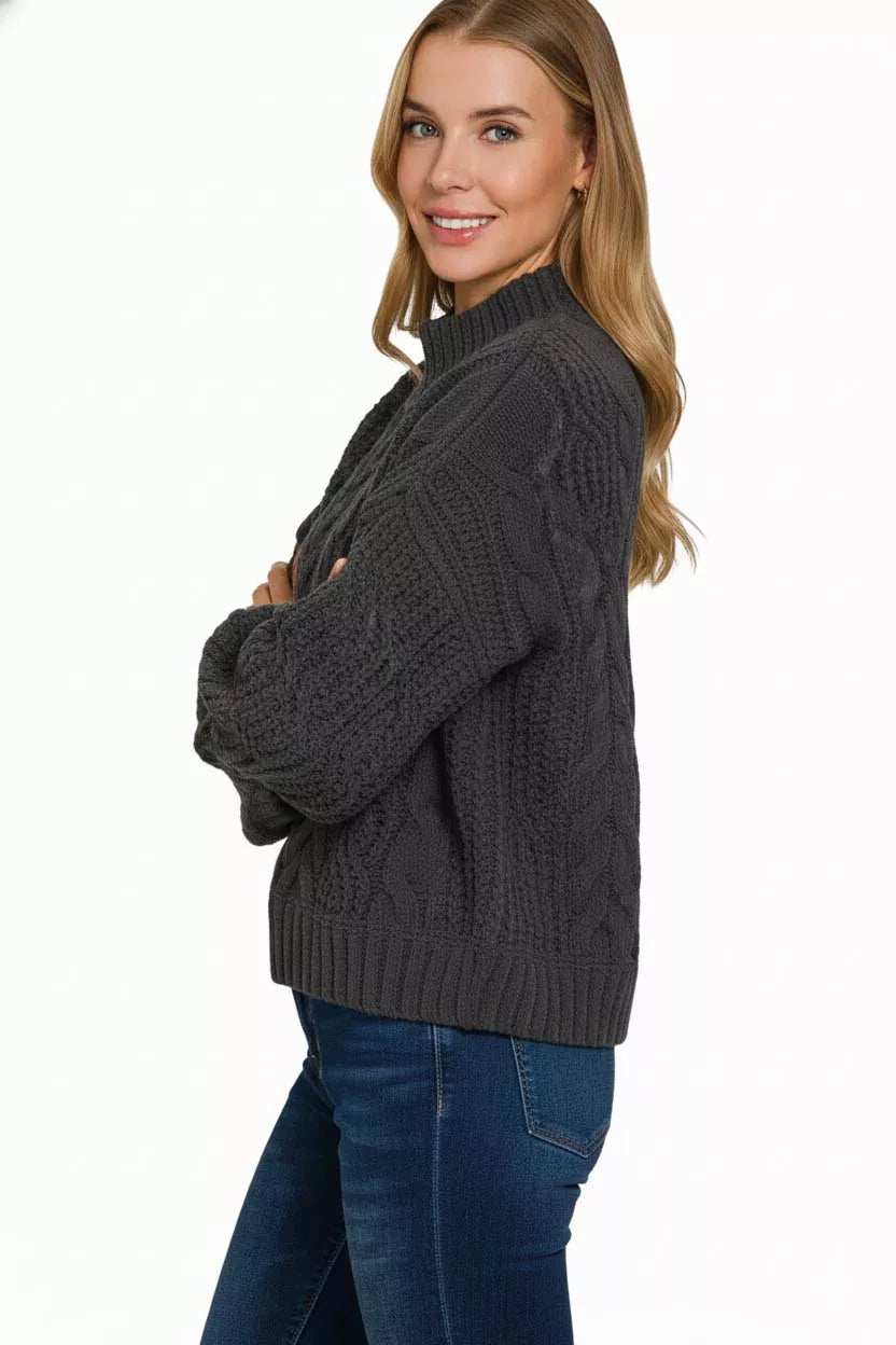 Zenana Cable-Knit Ribbed Turtleneck Sweater - Trendsi - Flyclothing LLC