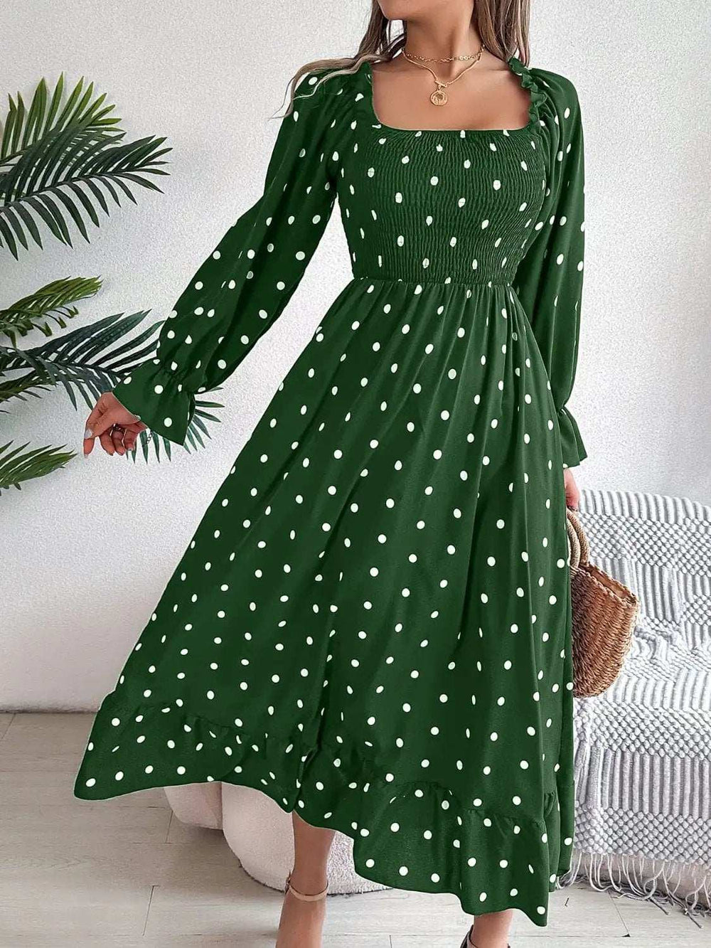 Polka Dot Flounce Sleeve Midi Dress - Trendsi - Flyclothing LLC