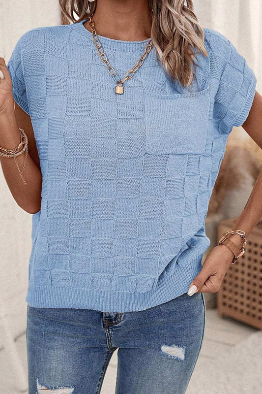 Pocketed Checkered Round Neck Knit Top - Trendsi - Flyclothing LLC