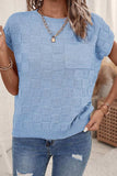 Pocketed Checkered Round Neck Knit Top - Trendsi - Flyclothing LLC
